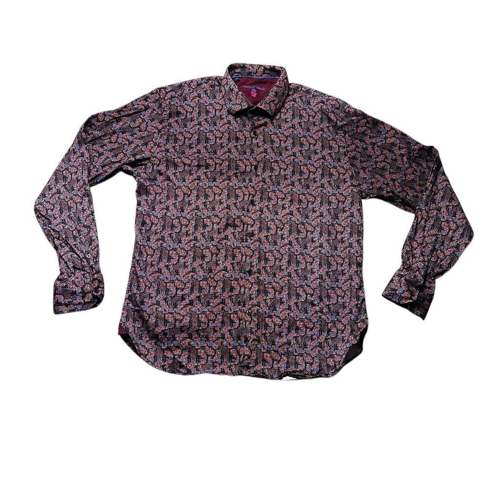 Luchiano Visconti Black Paisley Plaid Shirt Men’s XL Black Red Blue Long Sleeve